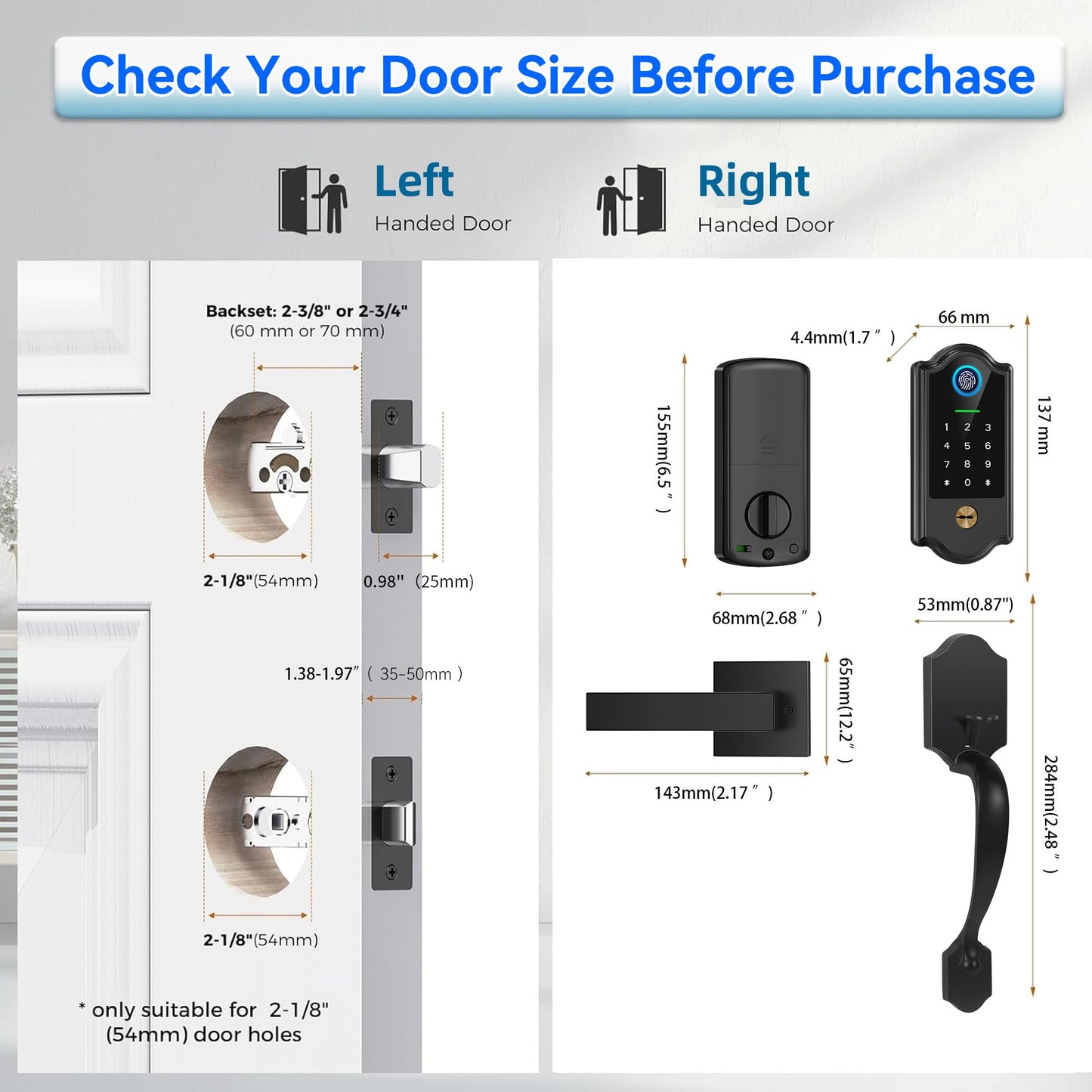 Smart Fingerprint Door Lock for Front Door – Keyless Entry Deadbolt with Handle Set, Digital Keypad, App Control, Auto Lock, Easy Install, Matte Black