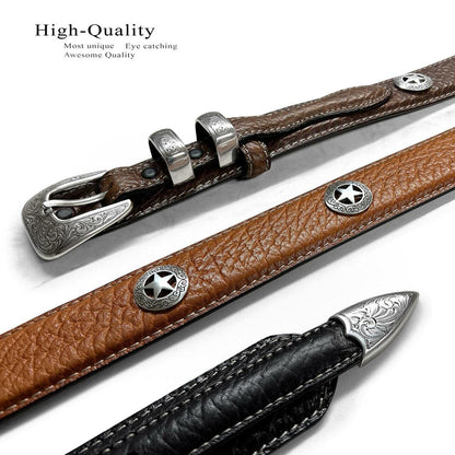Silver Engraved Ranger Star Concho Genuine Leather Western Ranger Belt (Black, 42)
