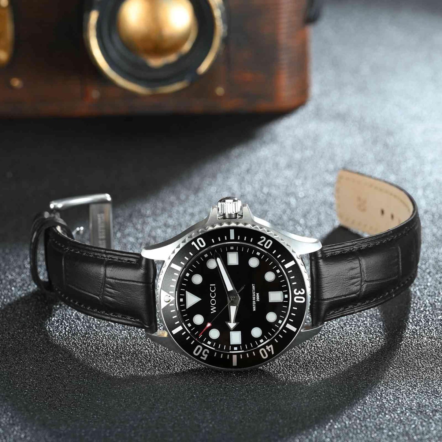 WOCCI 18mm Watch Band, Top Grain Leather, Embossed Alligator Grain, Quick Release, Black Buckle (Black)
