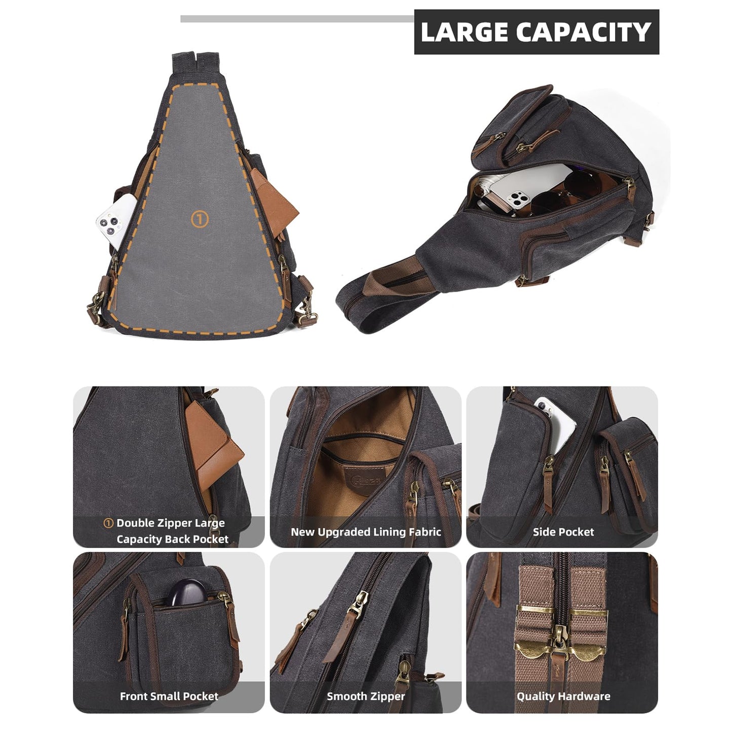 KL928 Canvas Sling Bag - Casual Crossbody Shoulder Daypack Rucksack Backpack for Men Women, Black
