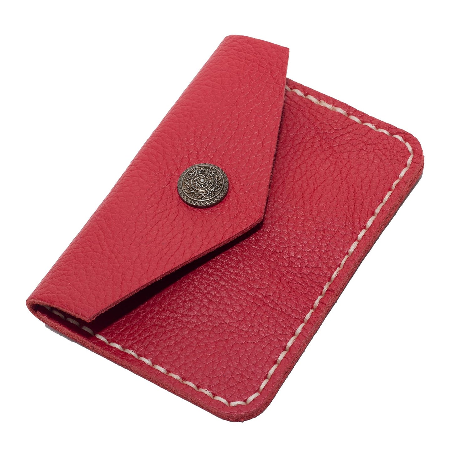 Guild Accessories Handstitched Red Leather Card case Wallet - Artisan Crafted Envelope Card Holder with Antique Brass Snap, Full-Grain Leather Slim Pocket Organizer (Red)