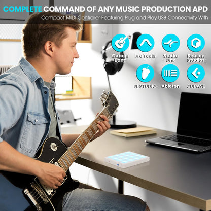 M-VAVE Wireless MIDI Controller Pads, 4.1 * 4.1 Inch, 0.28 LBS, Bluetooth Portable USB with 16 Drum, Note Repeat, Full Level Buttons, Rechargeable battery (White Pocket)