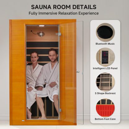 springspa Far Infrared Sauna for Home, Home Indoor Infrared Sauna for 2-Person, Canadian Hemlock Wood Sauna Room with Low Emf Red Light Therapy, 9 Chromotherapy Lights, Bluetooth Speakers