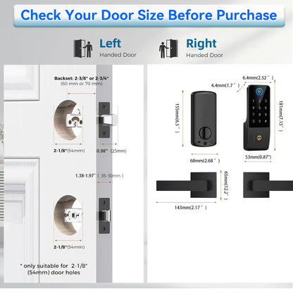 Smart Fingerprint Digital Door Lock - Keypad Lock and 2-Lever Handle Set,Keyless Entry Deadbolt for Front Door, App & Voice Control, Auto-Lock, Anti-Peep,Matte Black