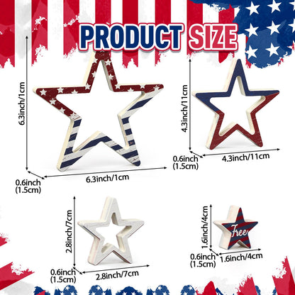 Funnymoom 4 Pcs Patriotic Table Decorations Centerpieces 4th of July Star Wooden Signs Rustic Double-sided Independence Day Red White Blue Stars for Tiered Tray Mantle Kitchen Shelf Memorial Day Decor
