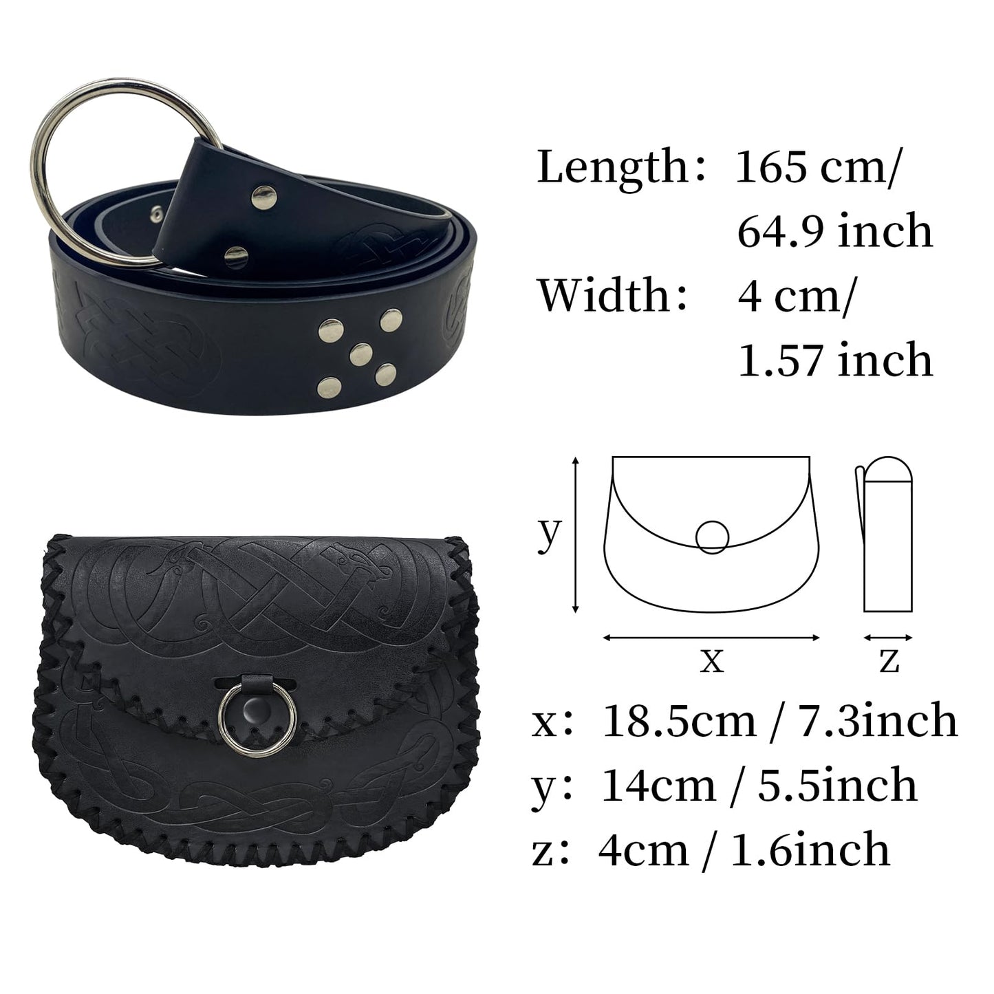 HiiFeuer Medieval Embossed O Ring Belt and Viking Embossed Belt Bag Set for LARP (Black)