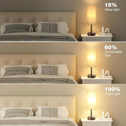 Brown Bedside Table Lamp for Bedroom - 3 Way Dimmable Touch Lamp USB C Charging Ports and AC Outlet, Small Lamp Round Flaxen Cream Fabric Shade for Living Room, Desk, LED Bulb Included