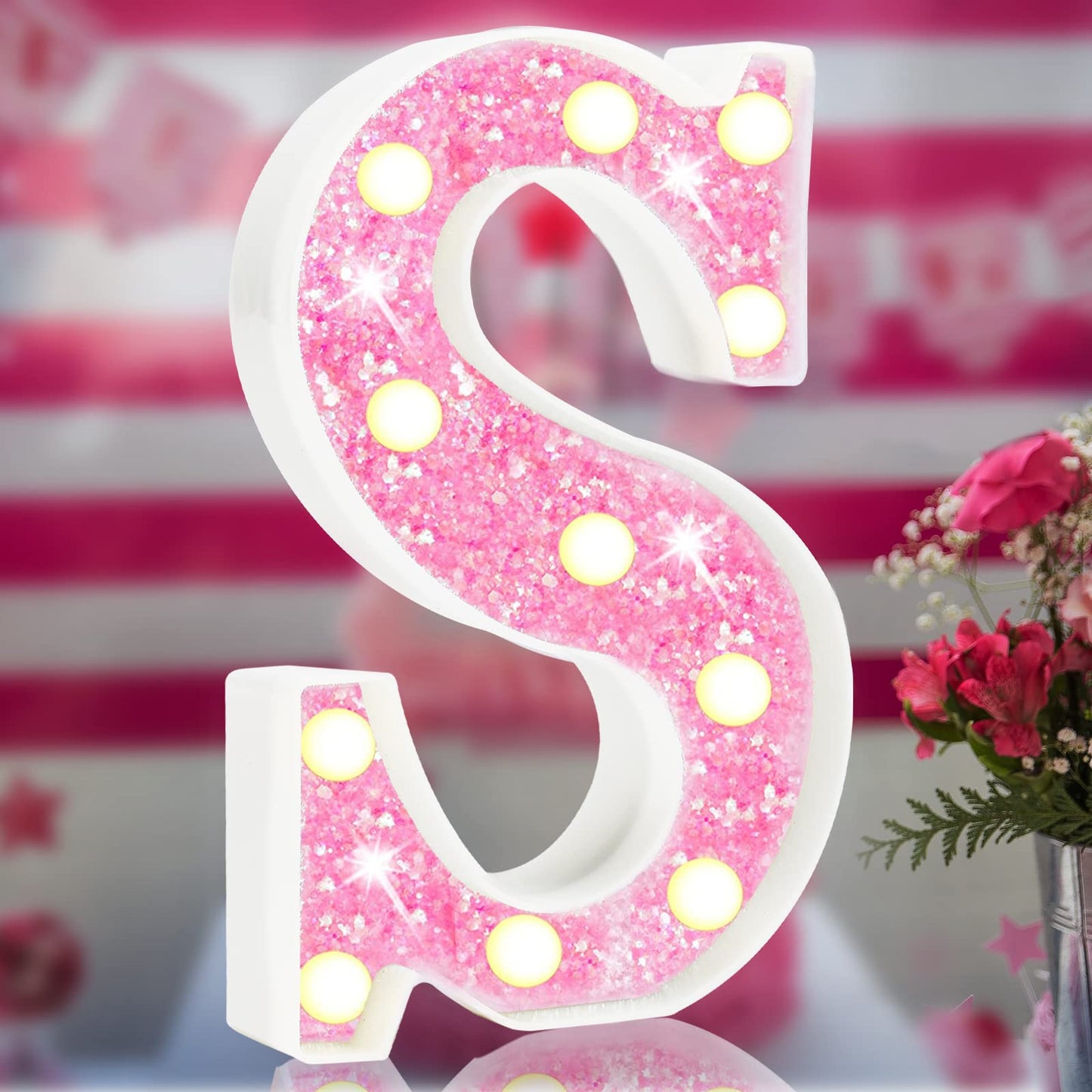Light Up Letters, Glitter Alphabet Letter Sign Pink LED Marquee Letter Lights Battery Powered for Night Light Girls Bedroom Birthday Party Wedding Home Christmas Decorations Gift for Her-Pink S