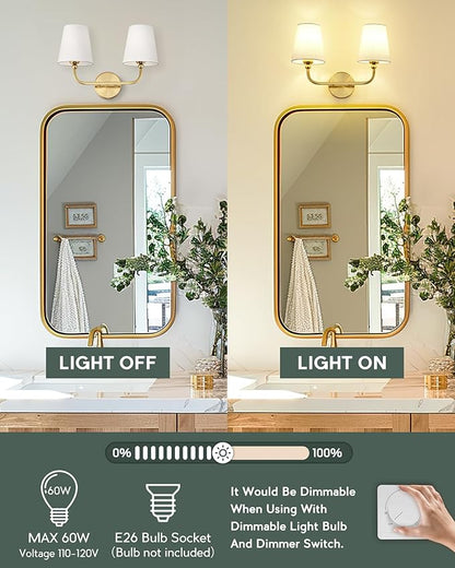 2-Light Bathroom Light Fixtures, Brushed Gold Vanity Lights, Double Wall Sconce with Flared White Fabric Shade, Modern Sconces Wall Lighting for Hallway Bedroom Stairway, VL837-BG-2-S