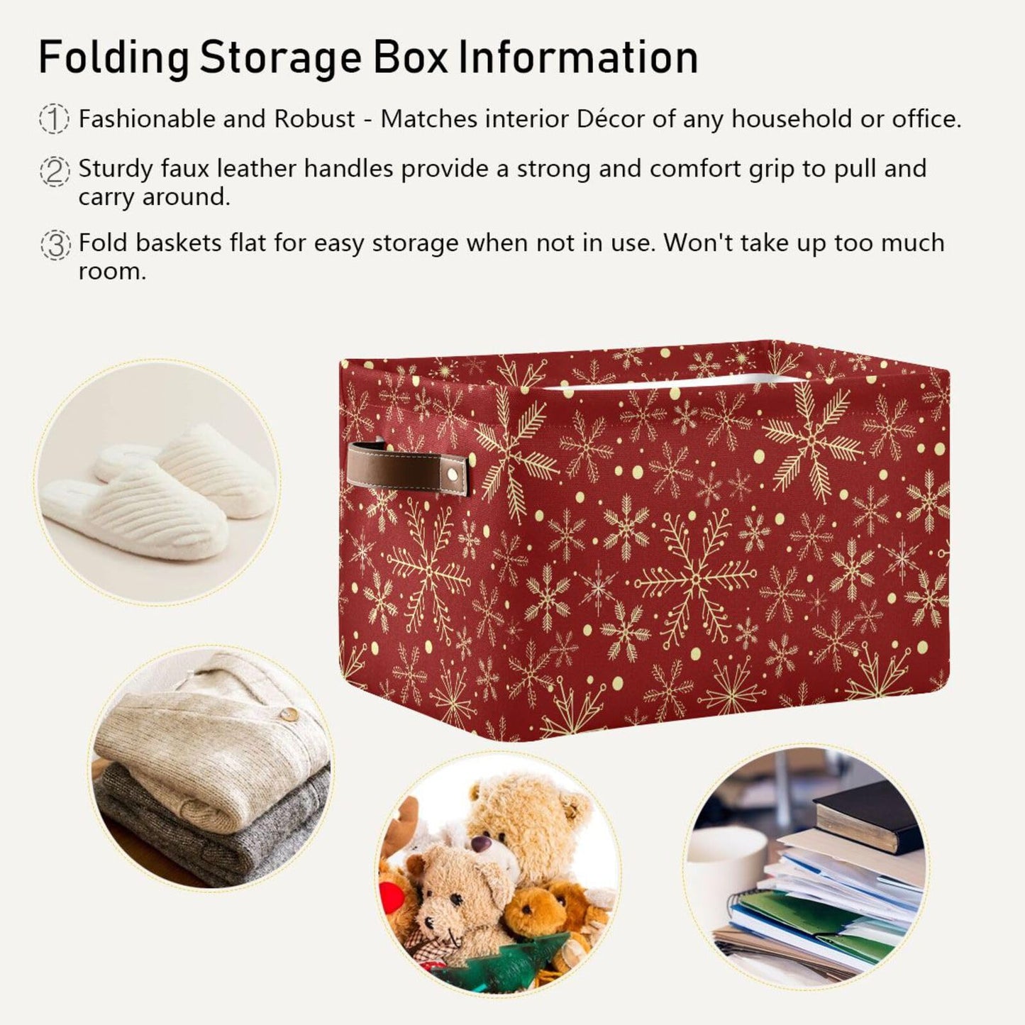senya Christmas Basket, Large Foldable Storage Basket with Handles Christmas Snowflakes On Dark Red Fabric Collapsible Storage Bins Organizer Bag for Storage 15 x 11 x 9.5 inch