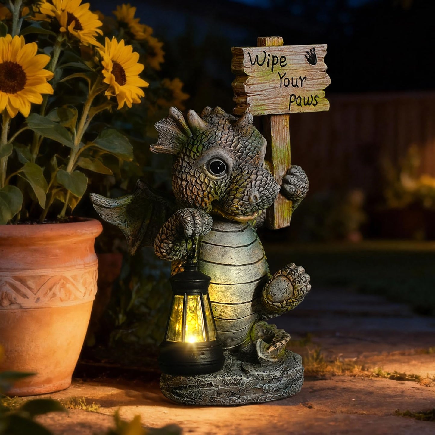 Joint Honglin Solar Dragon Garden Statue with Hanging Lantern - Cute Welcome Sign, Waterproof Resin Dinosaur Figurine, Outdoor Yard Decor for Front Door, Porch, Patio, Dog Pet Lover Gift