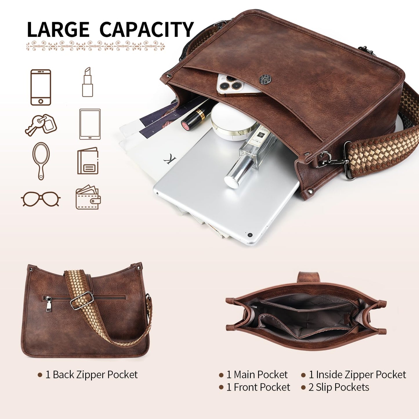 APHISON Crossbody Bags For Women Trendy, Vegan Leather Hobo Handbags Crossbody Purses Shoulder Bucket Bag with 2 Strap Coffee