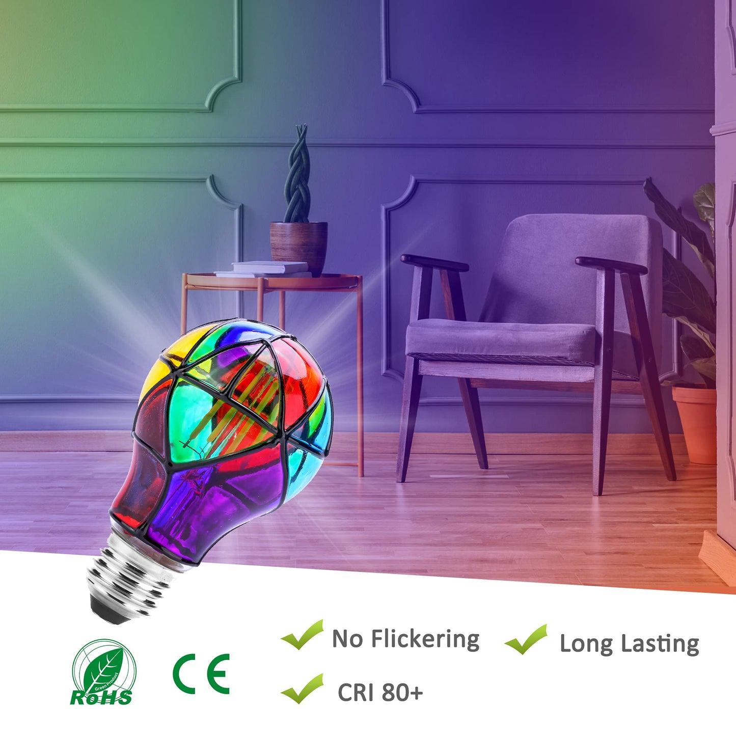 Kitmose 2 Pack Stained Glass Light Bulbs, LED Edison Light Bulb E26 3.5W Replacement Light Bulbs Tiffany Style for Bedroom Living Room Home Christmas Decoration (A60)