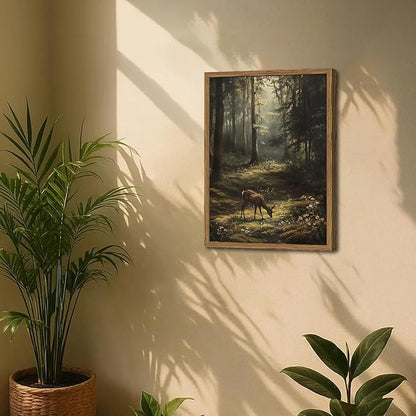 Framed Vintage Forest Deer Canvas Wall Art, Rustic Nature Landscape Paintings Wall Decor, Woodland Animal Pictures Prints Cottagecore Home Decor for Living Room Bedroom Office 16x24 inch