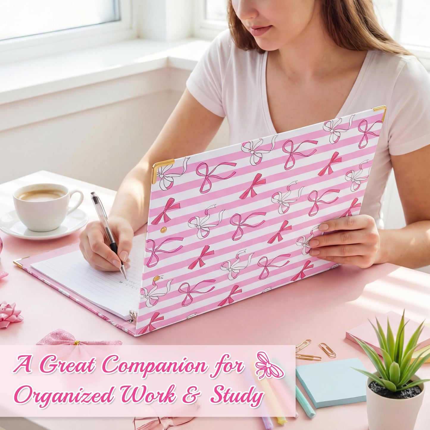 1 Inch 3 Ring Binder with Clipboard, Cute Binder Pink Bow Design, Holds 200 Sheets A4 Letter, Inside Pockets & 5 Tab Dividers, Pretty Classic Pink Binder for School Office Supplies(Pink Striped Bow)