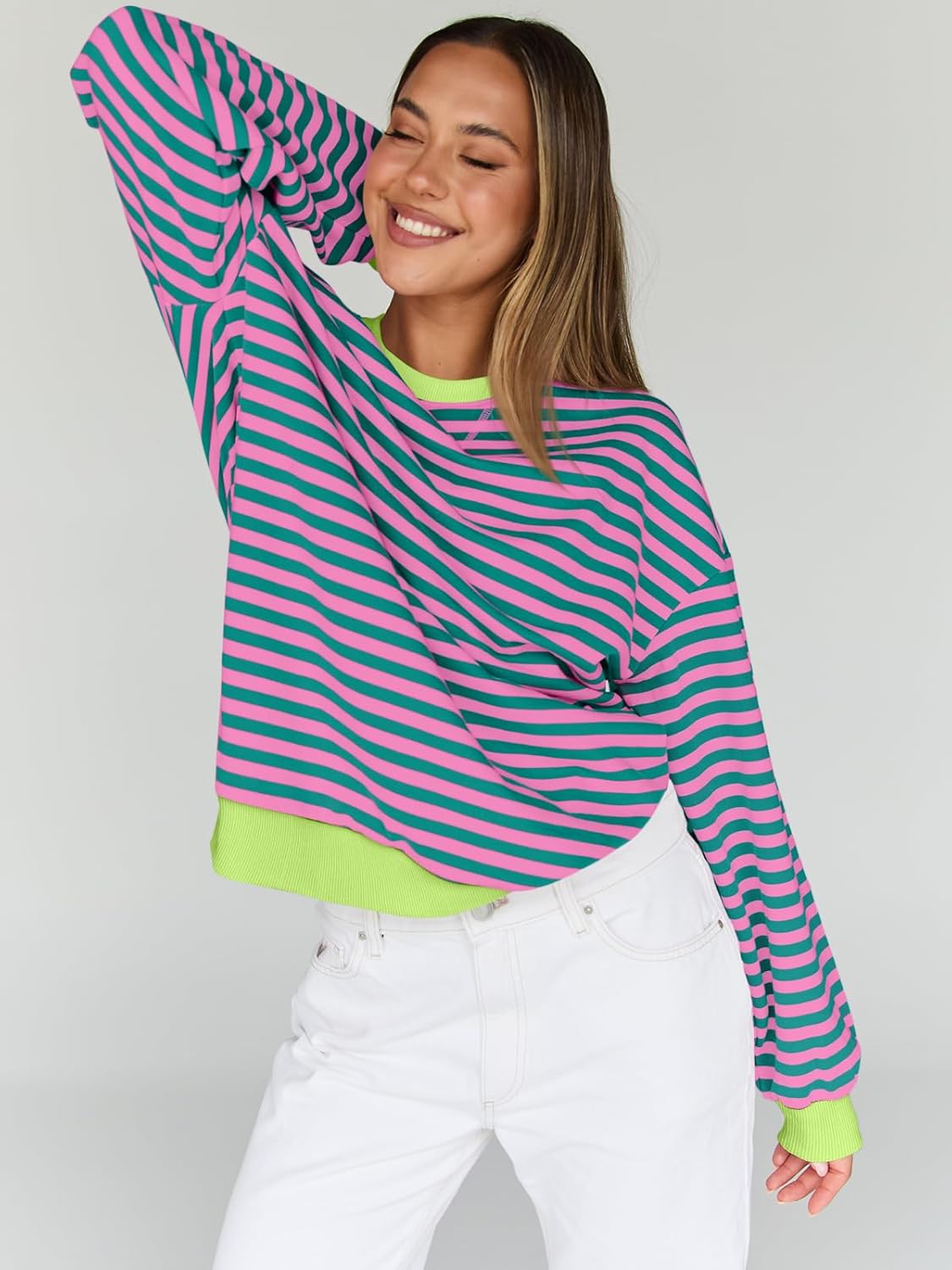 Trendy Queen Oversized Sweatshirt for Women 2025 Fall Crewneck Striped Long Sleeve Shirts Hoodies Cute Top Y2K Outfits
