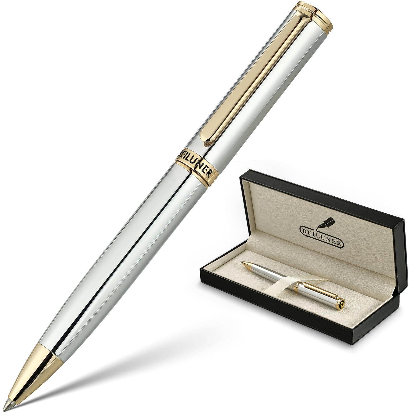 BEILUNER Silver Gold Gel Pen - Luxury Featuring sophisticated chrome finishes, with 24K Gold Accents, Best Pen Gift Set for Men & Women, Business Signature, Executive, Office Retractable Pens