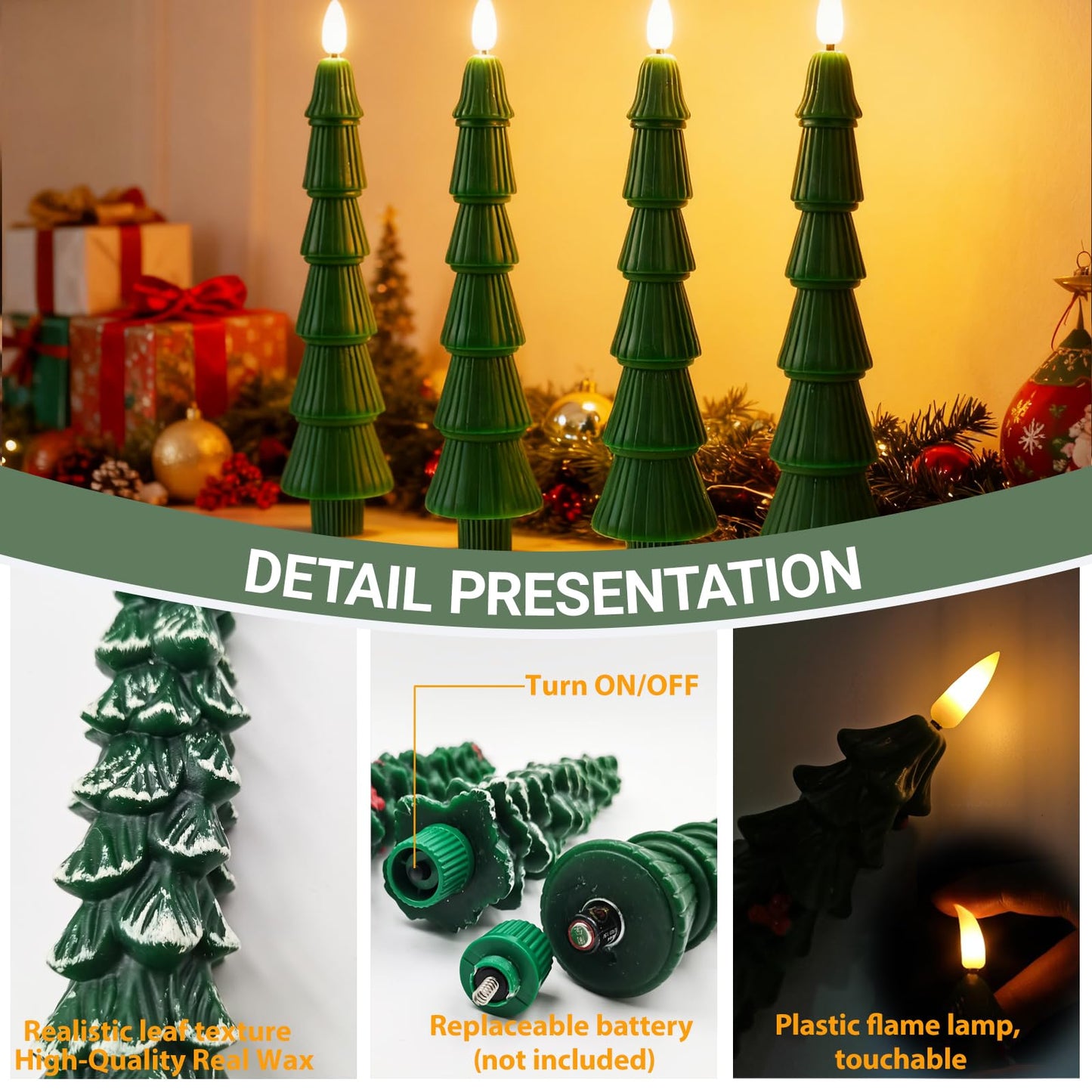 FYBW Christmas Tree Flameless Taper Candles with 10-Key Remote Timer,4 Pcs Green LED Taper Candles with 3D Flame for Holiday Decorations(Green-C)