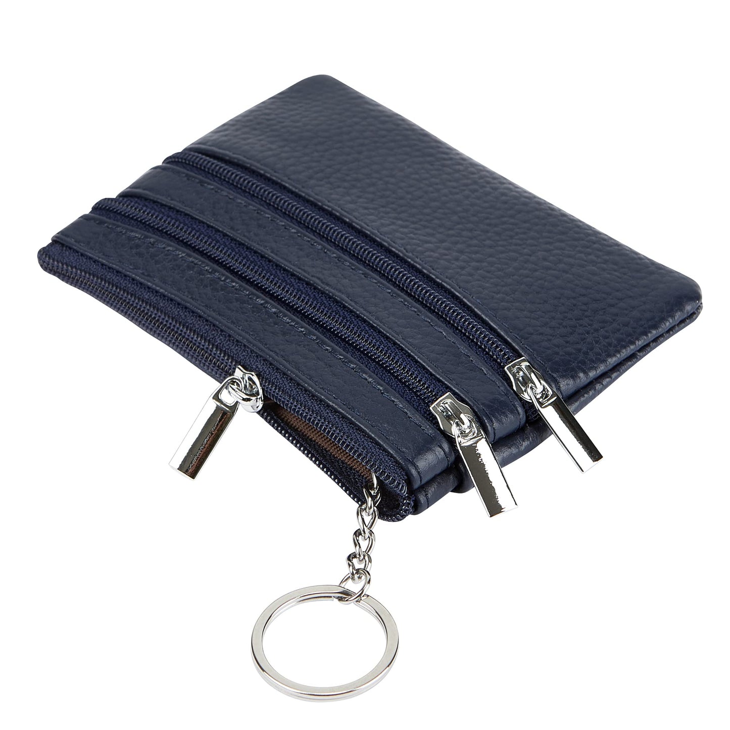 Women's Genuine Leather Coin Purse Mini Pouch Change Wallet with Keychain, navyblue