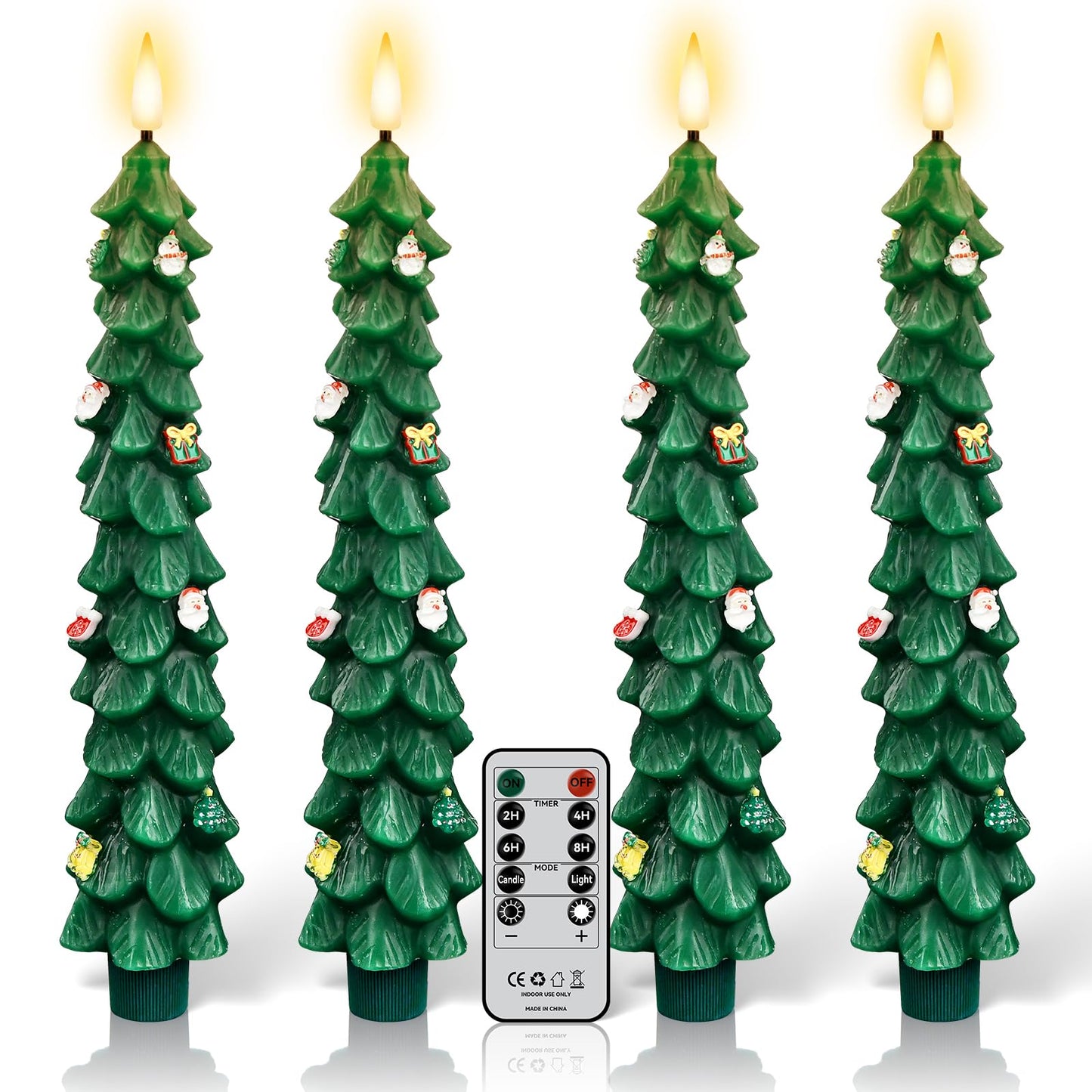 ZLCYFJIXV Flameless Christmas Tree Candles with Remote, 4 Pack 9.8” LED Battery Operated Taper Candles, Green 3D Sticker Flickering Candlesticks for Holiday Home Decoration