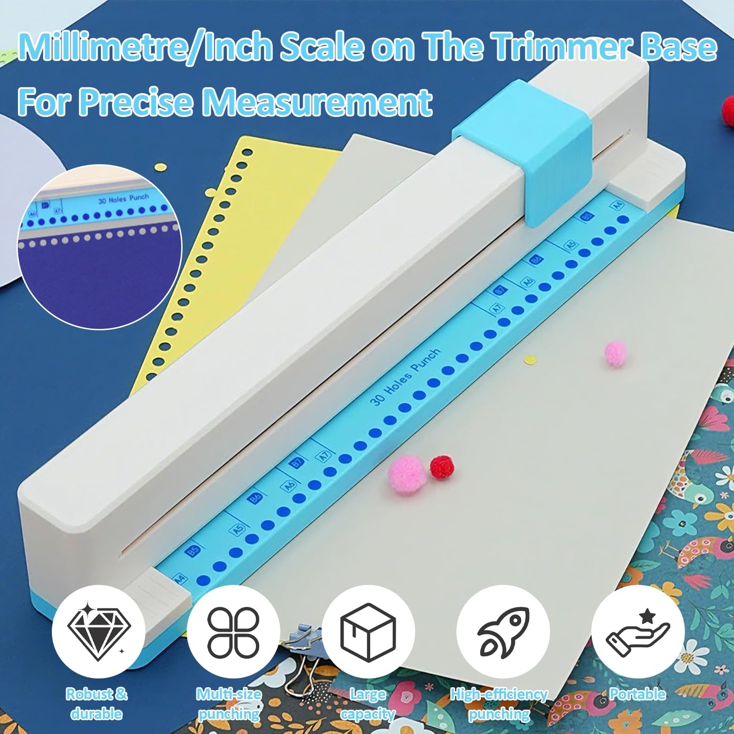 30 Hole Paper Punch, Portable Loose Leaf Paper Punch for Discbound Notebooks and Journaling Supplies, Adjustable 5 Sheets Capacity Hole Puncher for A4/B5/A5/B6/A6/B7/A7 Paper