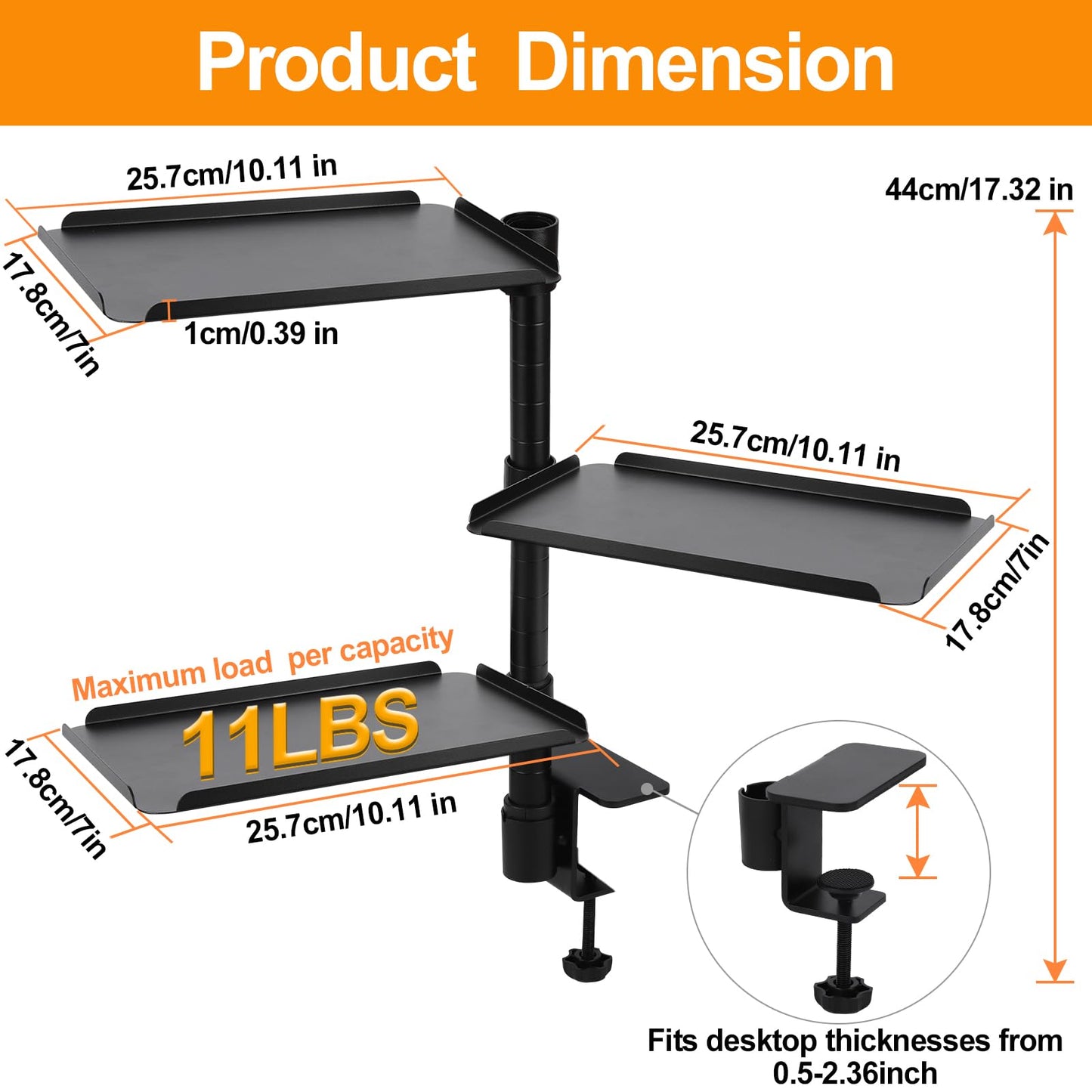 FBOAZI 3 Tier Clamp On Desk Shelf,360° Rotatable Adjustable Above or Under Desktop Organizer,Carbon Steel Storage Tray for Home Office and Gaming Accessories（Black）