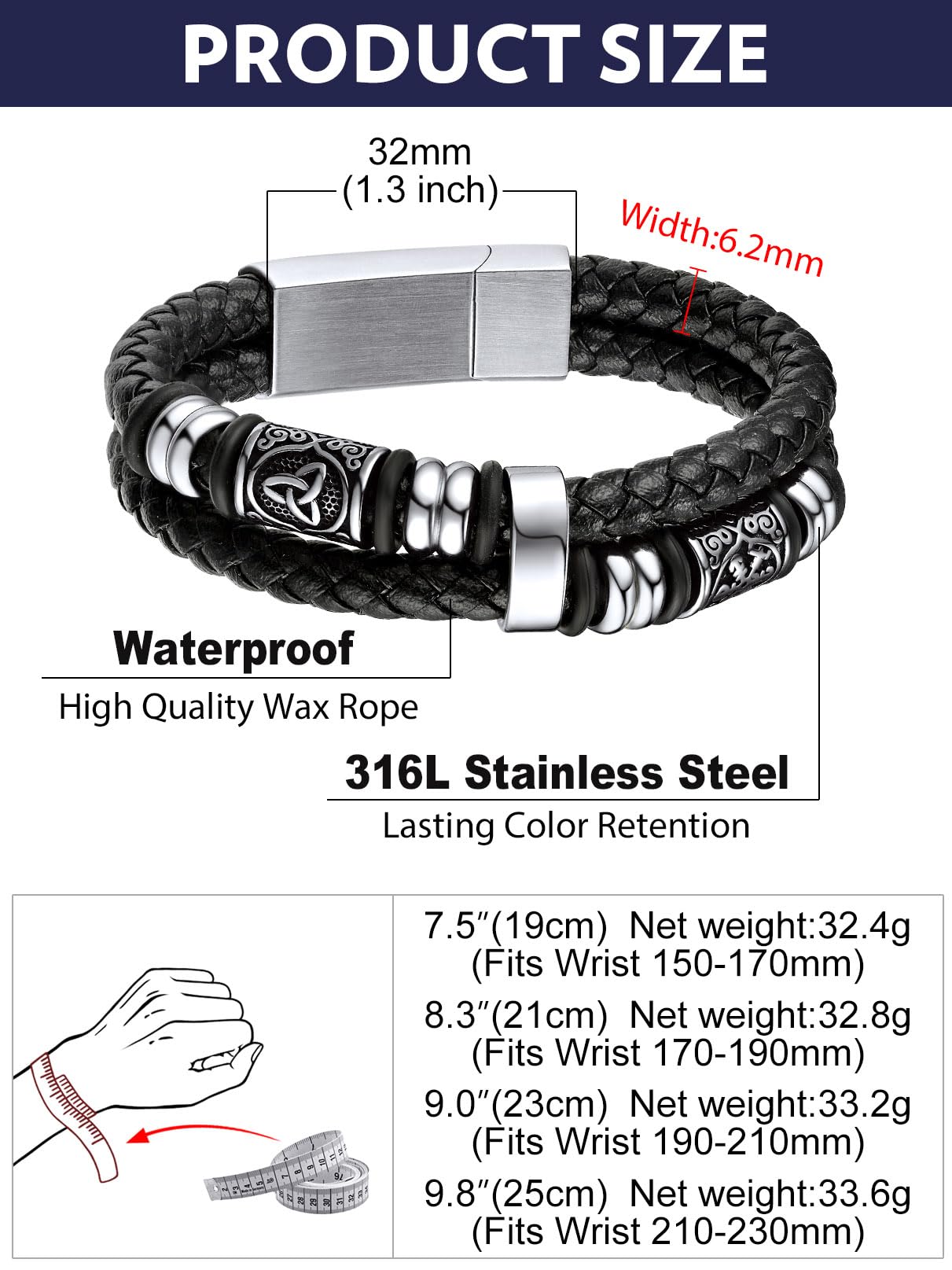 Bandmax Men's Norse Bracelet 8 inch Viking Celtic Knot Beads Bracelets Black Leather Braided Rope Wristband for Men Son Husband Grandson Gift For Father's Day Birthday Christmas Graduation