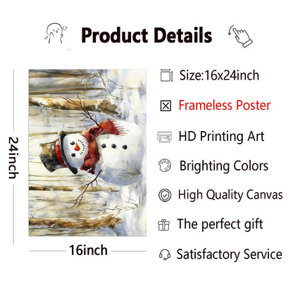 Christmas Snowman Wall Art Winter Forest Posters Cute Snowman Pictures Vintage Winter Scene Paintings Winter Snowman Canvas Wall Art Vintage Christmas Prints Christmas Theme Posters 16x24inch No Frame