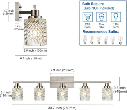 MELUCEE 5 Lights Brushed Nickel Bathroom Light Fixture Modern Light Fixtures Wall Mounted Modern Vanity Lighting with Hammered Glass Shade Suitable for Bathroom Mirror Sink Cabinet