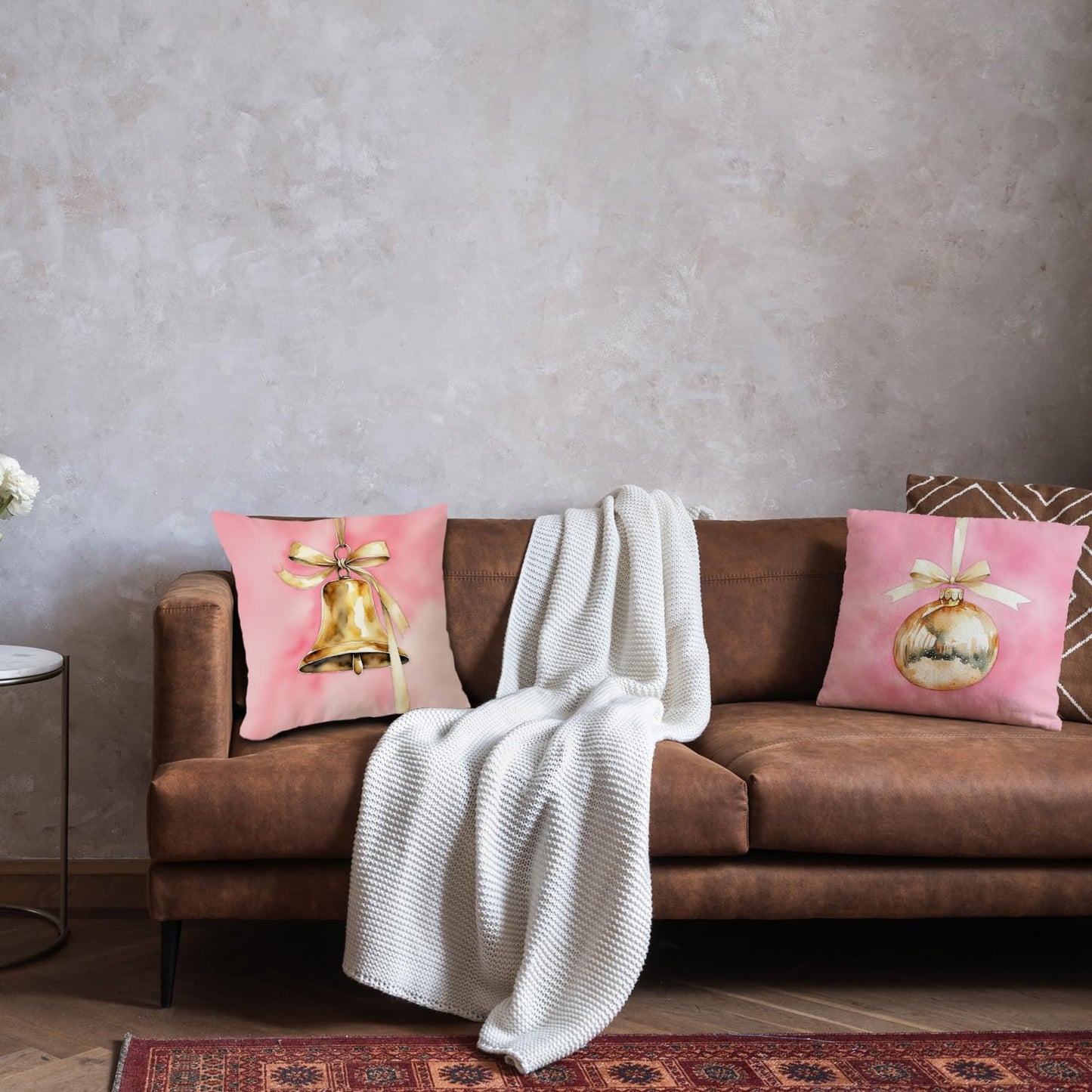 JINYO Coquette Gold Christmas Bauble Bell Pillow Covers 18x18, Coquette Christmas Decor, Pink and Gold Xmas Ornament Holiday Throw Pillow Covers for Home Room Dorm Apartment Sofa Couch Set of 2