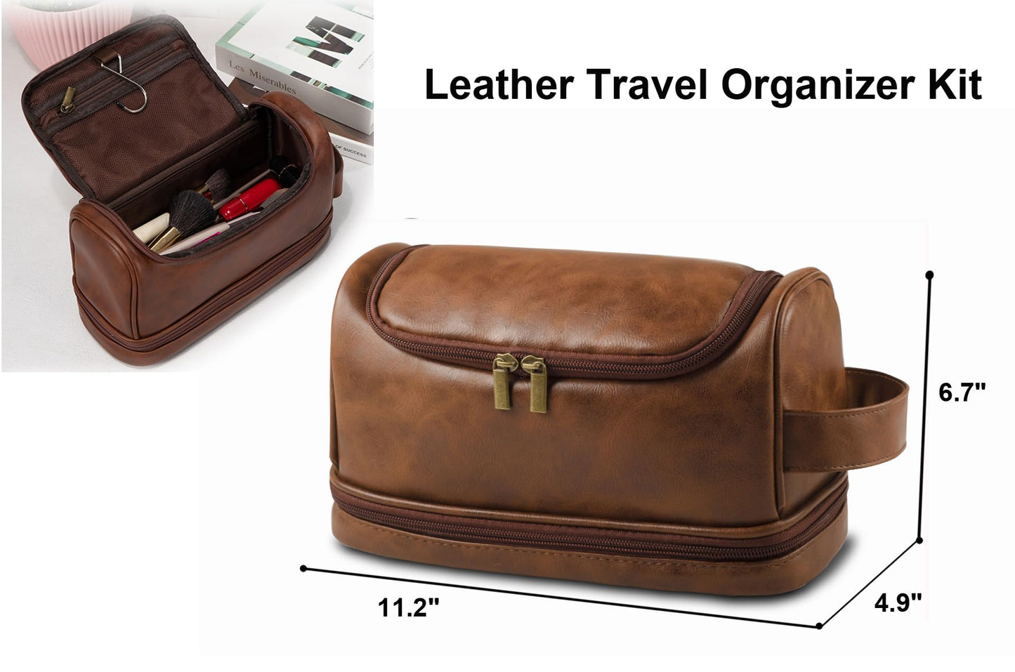 RC ROCKCOW Toiletry Bag for Men Leather Travel Organizer Shaving Dopp Kit with hanging hook, Large Water-resistant Toiletries Bathroom Shaving Bags for Women