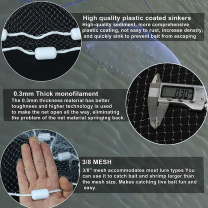 Drasry Saltwater Fishing Cast Net 3/8 and 1/4 Mesh with Heavy Duty Gray Sinker American Monofilament Fish Throw Net for Bait Trap 3FT 4FT 5FT 6FT 7FT 8FT 9FT 10FT Radius 3/8, 10FT Radius, 300