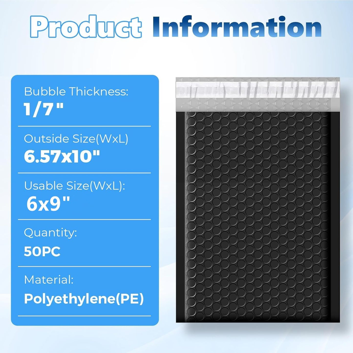 Metronic Extra Deep Bubble Mailers Usable Size 6x9" 50 Pack Padded Envelopes 6.57x10" Opaque Self Seal Adhesive Waterproof bubble envelopes Shipping Bag for CD,Jewelry,Small Business,Black,#0