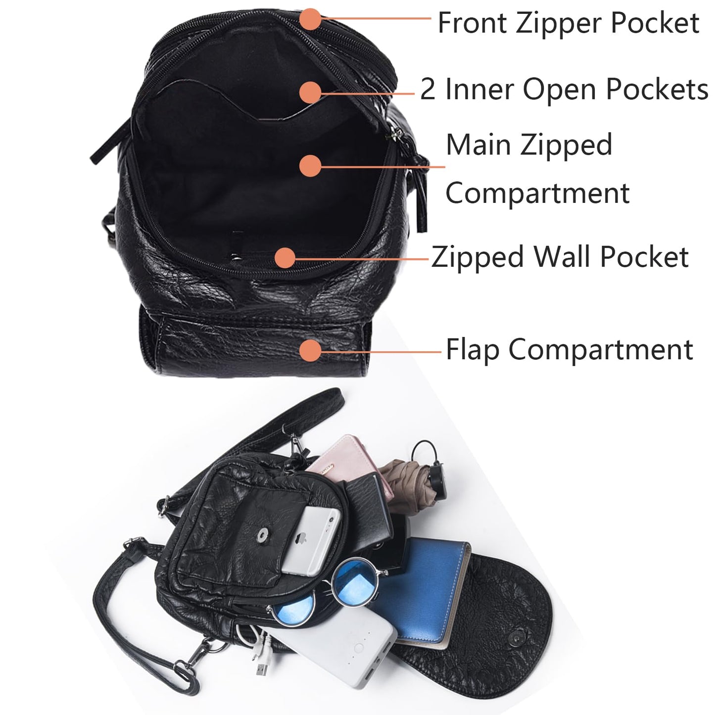 HUAZHIMAO Mini Backpack for Women, Soft Washed PU Leather Small Backpack Purse for Women, Waterproof Fashion Shoulder Bag, Ladies Travel Black Rucksack Handbags Bags with Beautiful Flower Pattern