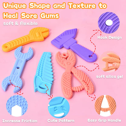Mgtfbg Baby Teething Toys for 0-6 / 6-12 Months - Molar Teether Chew Toys Set BPA Free Silicone, Soft Textures - Hammer Wrench Scissors Shape Gift 5-Pack
