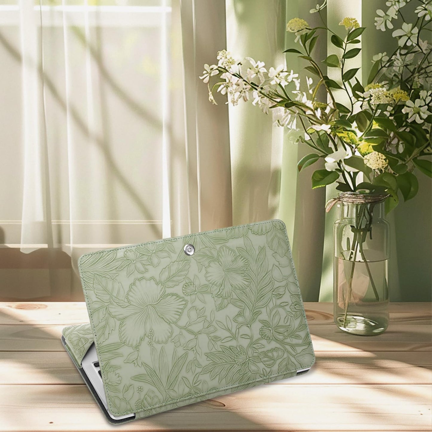 MOSISO Case Compatible with MacBook Air 13.6 inch M5 M4 M3 M2 2026-2022 /Air 13 M1 2022-2018 /Pro 13 M2 M1 2022-2016, Embossed Retro Hibiscus PU Leather Portfolio Protective Stand Cover, Sage Green