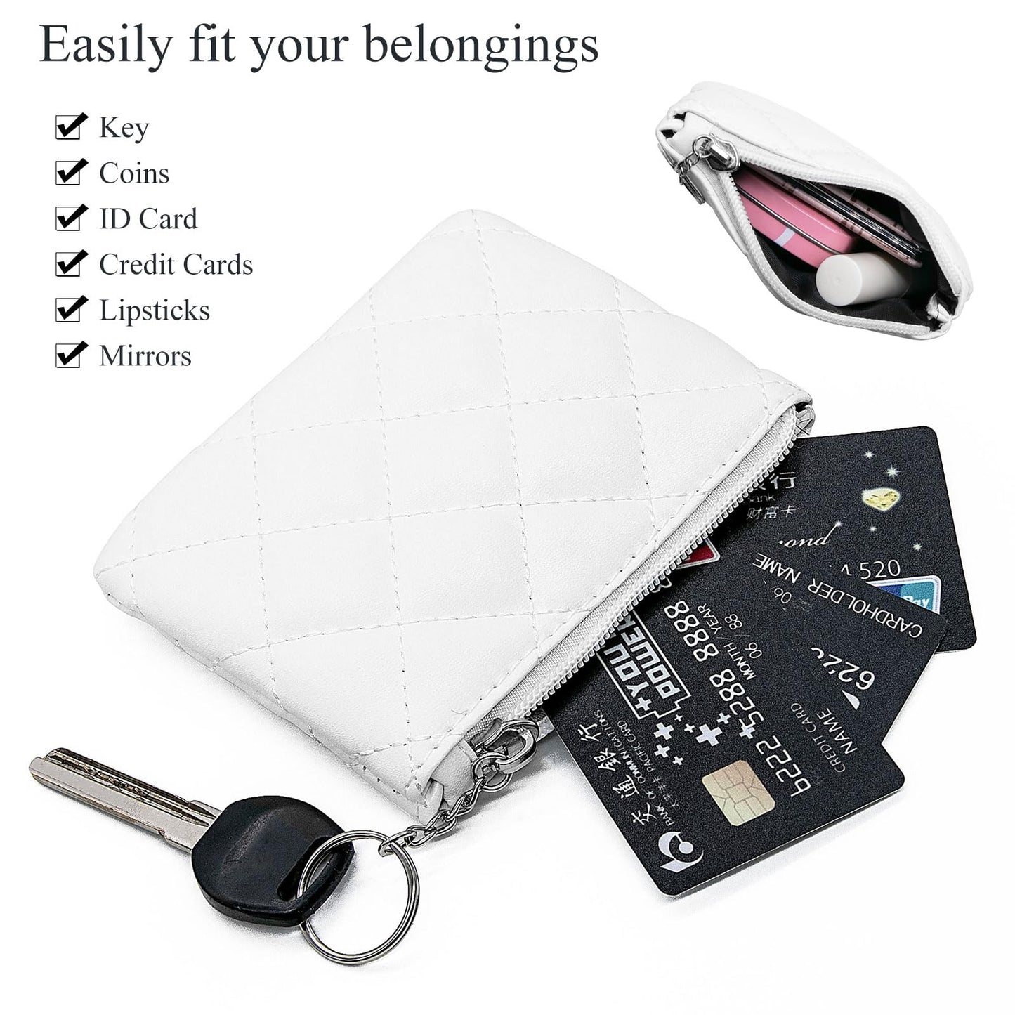 LJCZKA Coin Purse for Women Quilted Leather Mini Pouch Card Holder Top Zipper Coin Wallet Makeup Bag with Keychain (White)