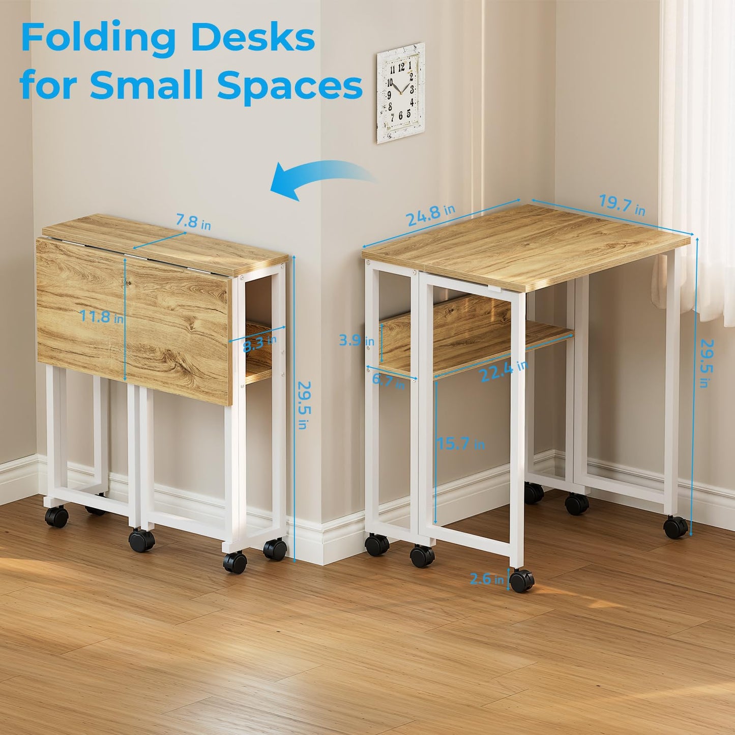 GreenForest Folding Desk Small Rolling Desk with Storage Shelf,24.8 inch Foldable Computer Desk with Wheels for Small Space,Easy Assembly,Oak