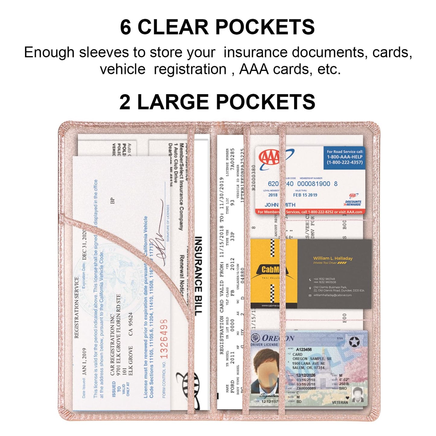 Cacturism Car Registration and Insurance Holder, Car Accessories Vehicle Glove Box Car Organizer Men Women Wallet Case with Magnetic Shut for Cards, Essential Document, Driver License, Bling Rose Gold