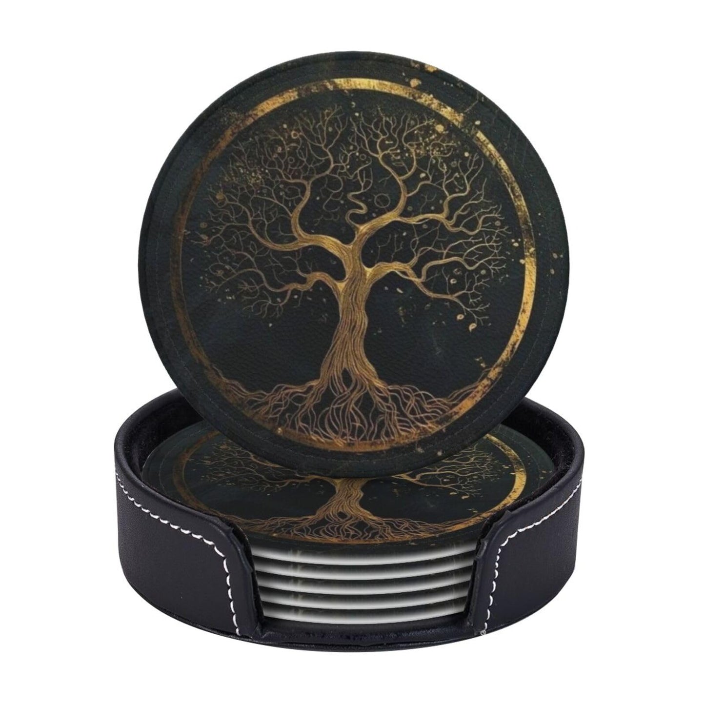 BOXIMIAO Drink Coasters with Holder Stand Set of 6, Marble Gold Tree of Life Pu Leather Absorbent Coasters with Cork Base Table Round Coaster for Housewarming Apartment Kitchen Bar Decor