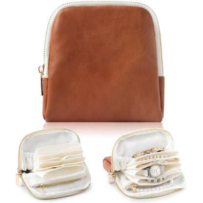 NGVRC Genuine Leather Travel Jewelry Organizer Case Pouch Bags with Zipper, Small Mini Portable Jewelry Storage Bag for Ring Earrings Necklace Bracelet Travel Essentials Gift for Women（Brown）