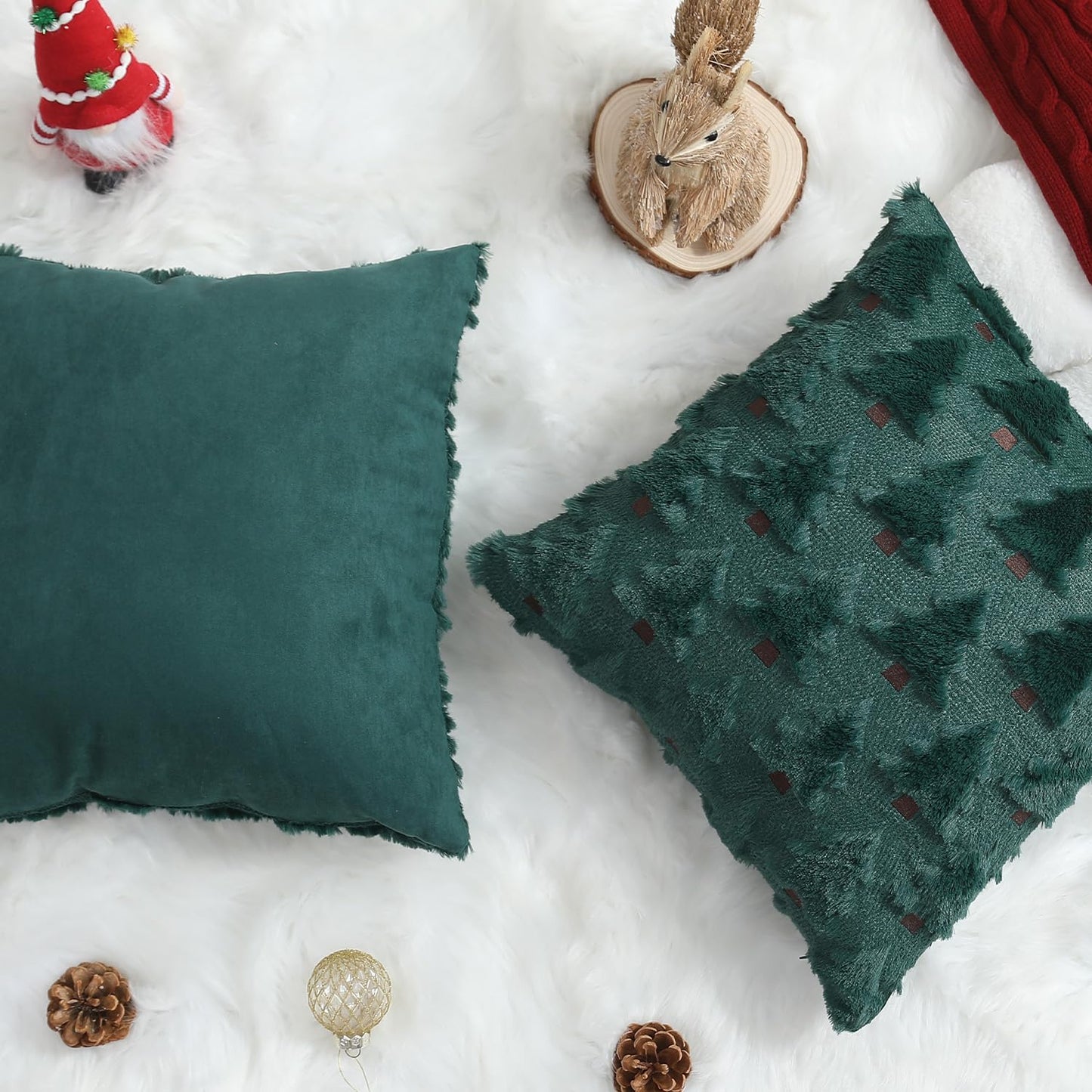 Allorry Christmas Pillow Covers 18x18 inch Set of 2 Christmas Decorations Soft Plush Faux Fur Wool Green Christmas Tree Throw Pillow Cases Winter Holiday Decor for Sofa Living Room PT-002A18