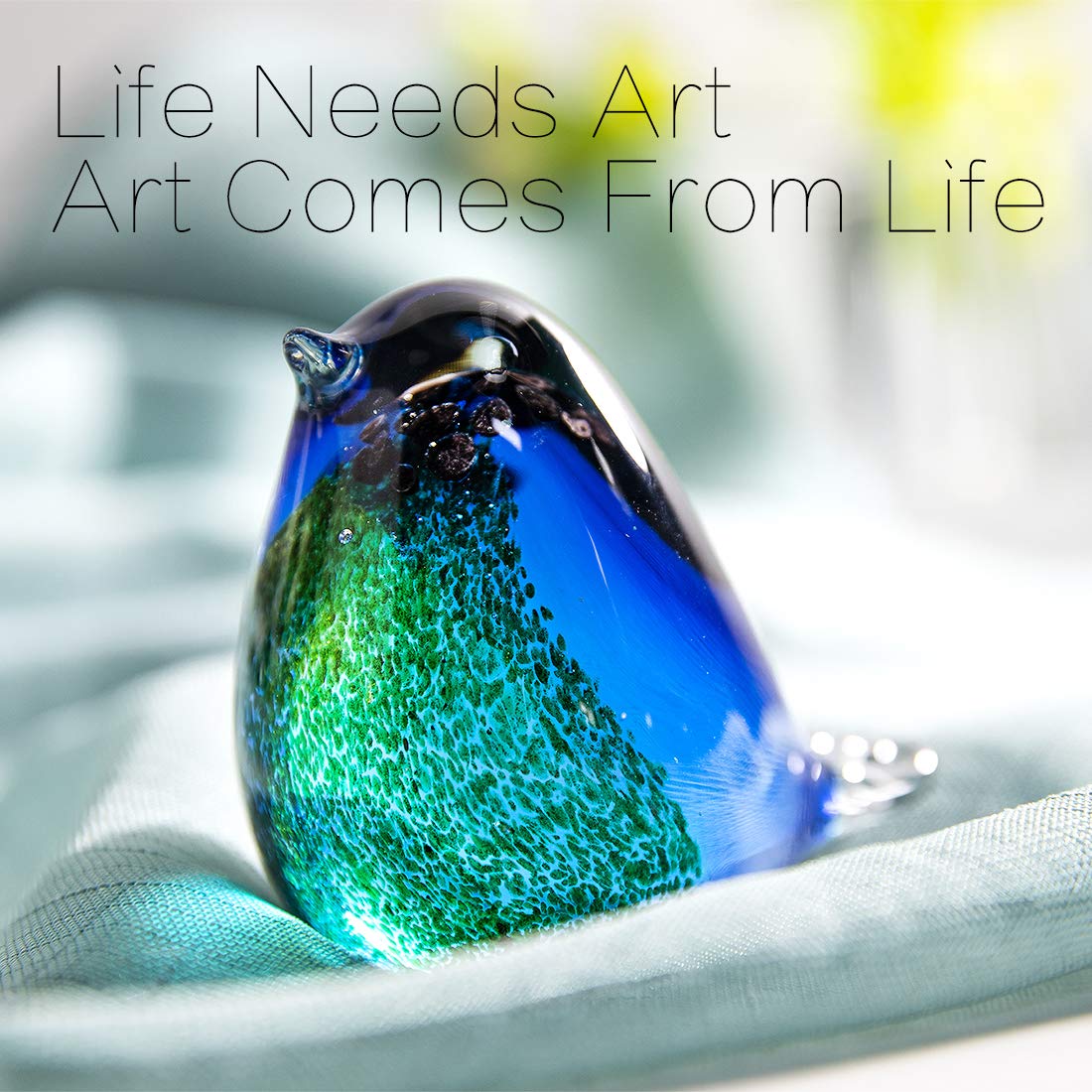 QFkris Qf 4" Glass Bird Handmade Blown Glass Figurine Christmas, Birthday Gift Decorative Ornaments for Home Blue and Green Paper Weight