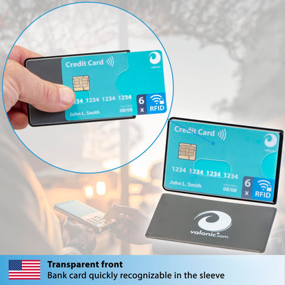 valonic set of 6 RFID blocking sleeves - transparent front, Credit Card Protector sleeve for wallet - Protection block for Debit Card and Metro Card