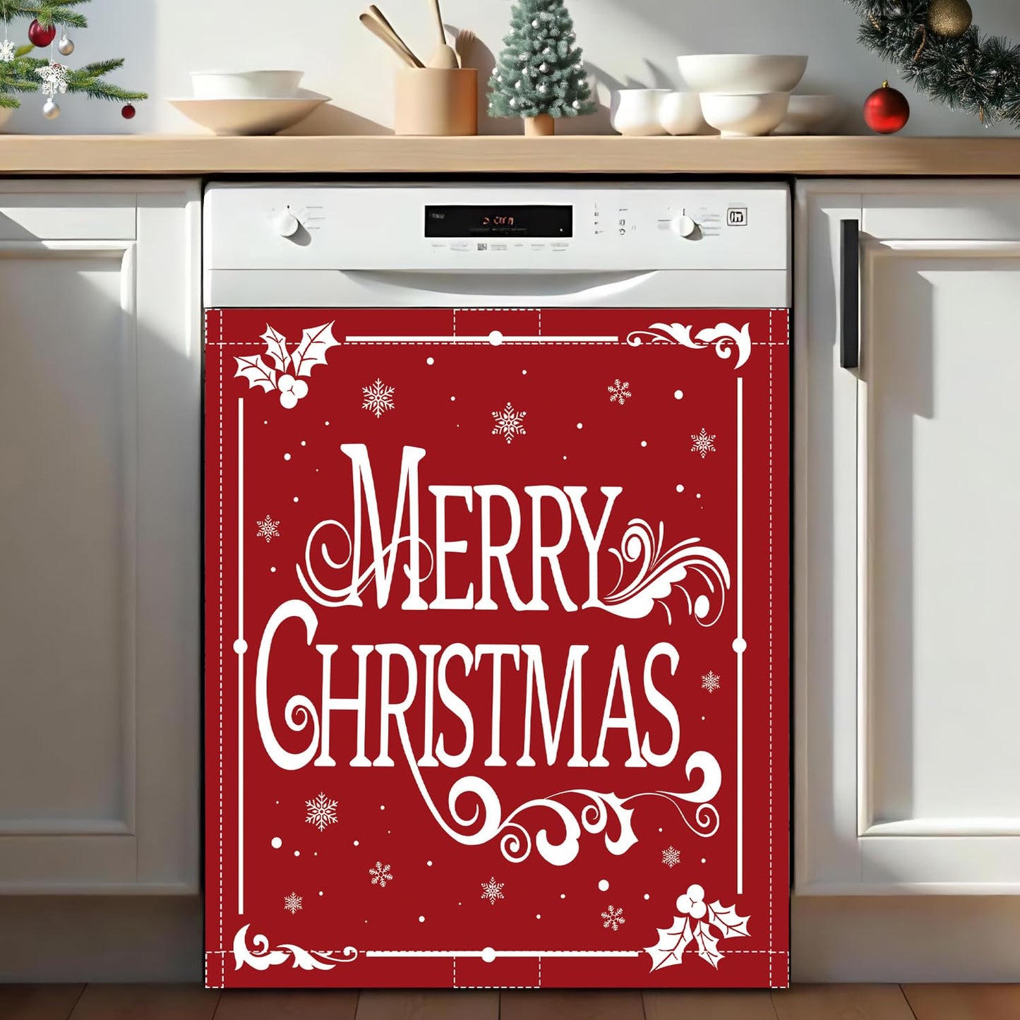 Christmas Dishwasher Magnet Cover 23x26in Merry Christmas Dishwasher Cover for Washers Fridge Panel, Snowflake Magnetic Covers for Kitchen, Machine Door Covers Decor, Red Christmas Kitchen Decor