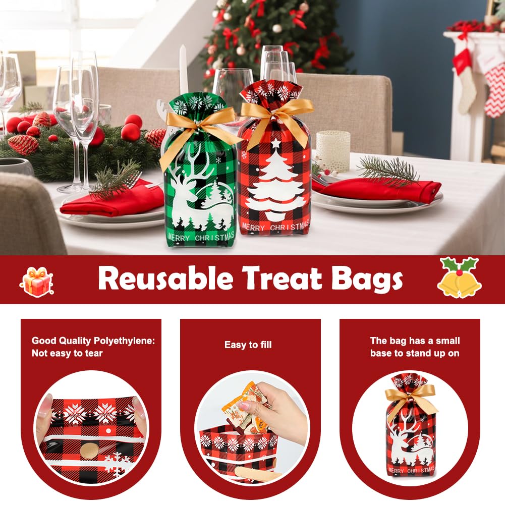 Shintop 50PCS Christmas Treat Bags with Drawstring, 5.9x9inch Buffalo Plaid Small Gift Bags Plastic Holiday Candy Pouches for Cookies Goodie Snacks Party Favors (Red & Green)