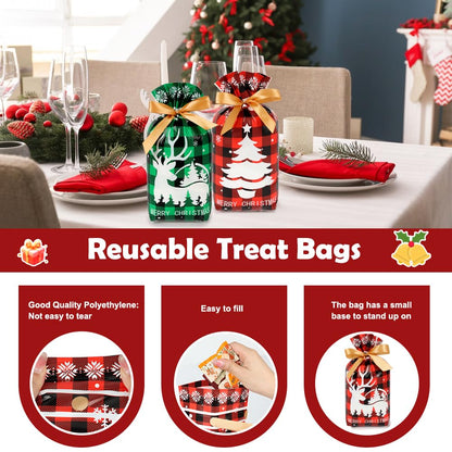 Shintop 50PCS Christmas Treat Bags with Drawstring, 5.9x9inch Buffalo Plaid Small Gift Bags Plastic Holiday Candy Pouches for Cookies Goodie Snacks Party Favors (Red & Green)