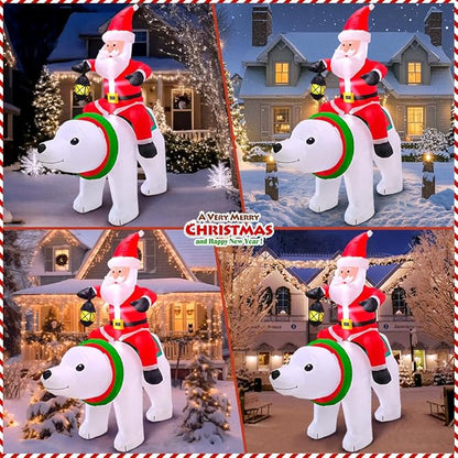 KOOY 6FT Christmas Inflatable Santa Claus with Polar Bear Build-in LED Lights Blow up Xmas Inflatables Decoration for Yard Garden Lawn Holiday Party