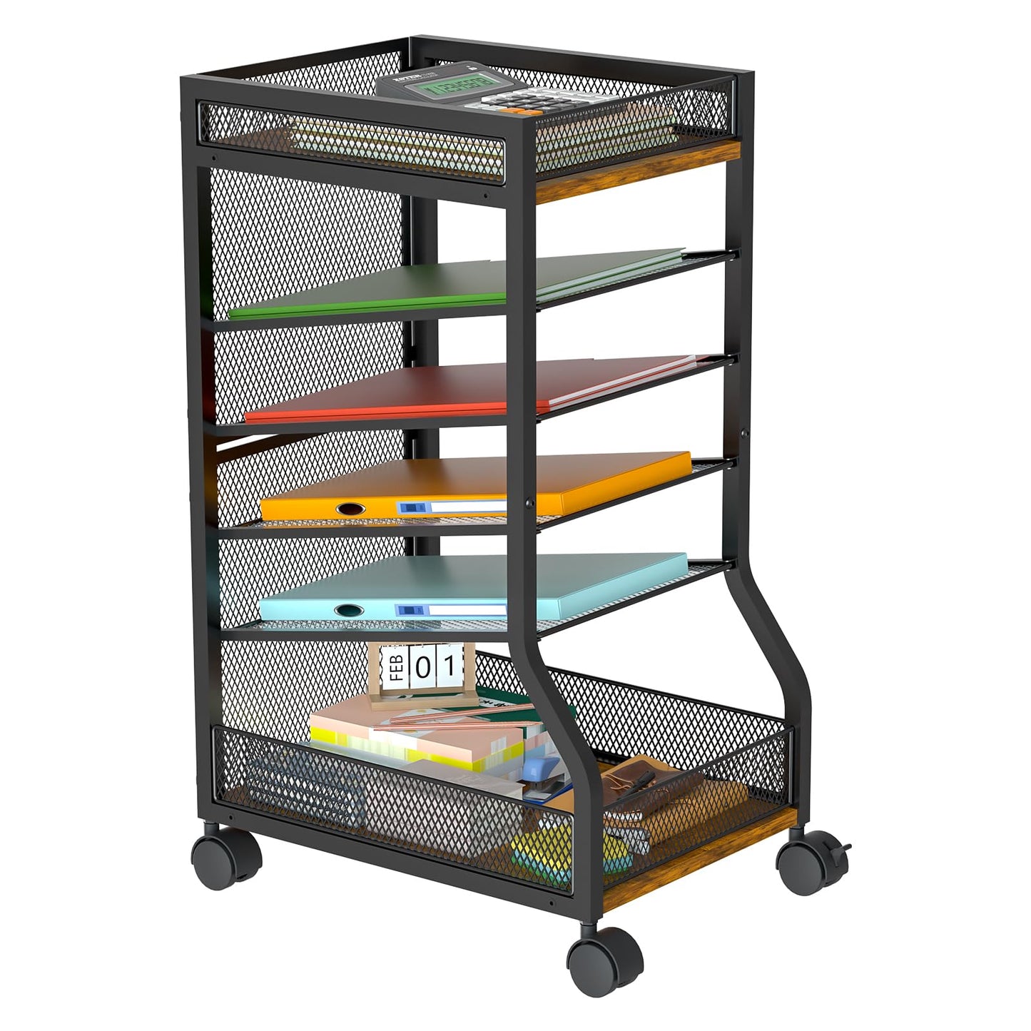 keomaisyto 6-Tier Standing File Organizer for Office Organization, Under Desk File Holder with Sliding Mesh Paper Letter Trays, Slim Rolling File Cart with Wheels for Home/Office/Study