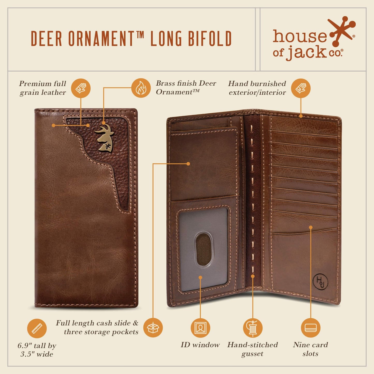 House of Jack Co. Deer Ornament Long Bifold Wallet for Men, Full Grain Cowhide Leather Rodeo Wallet, Hunting & Outdoorsman Tall Wallet, Brown